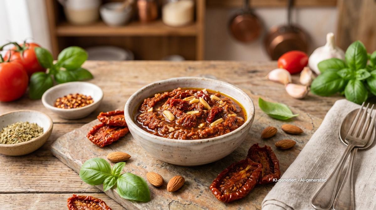 Pesto rosso – rode pesto – Recept en afbeelding gemaakt met AI, redactioneel gecontroleerd