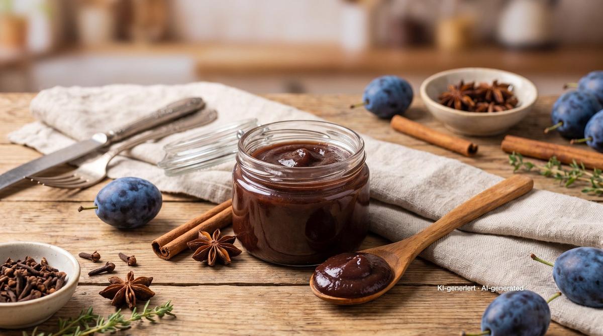 Pflaumenmus aus dem Ofen – Rezept und Bild mit KI erstellt, redaktionell geprüft