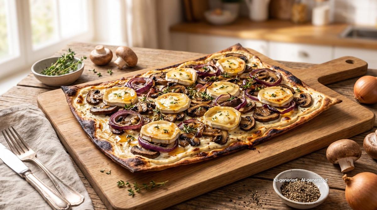Mushroom Goat Cheese Tarte Flambée – Recipe and image AI-created, editorially reviewed