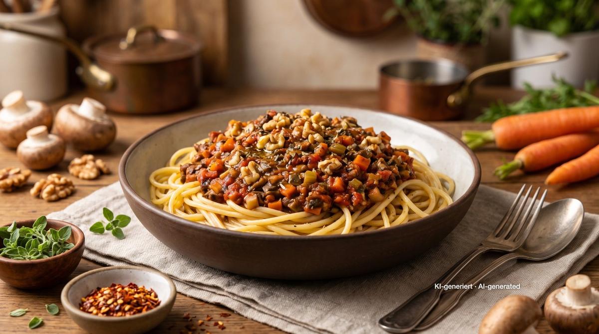 Bolognese van paddenstoelen en walnoten – Recept en afbeelding gemaakt met AI, redactioneel gecontroleerd
