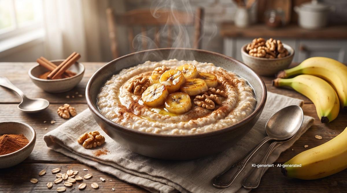 Eiwitrijke porridge met banaan – Recept en afbeelding gemaakt met AI, redactioneel gecontroleerd