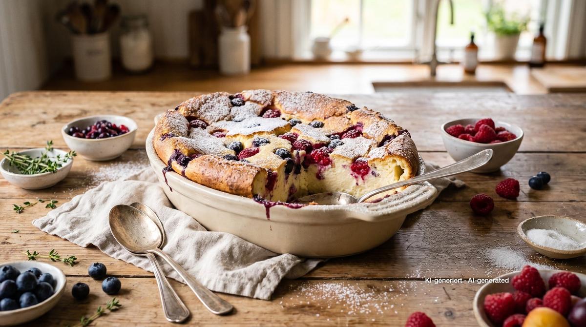 Tvarohový nákyp s lesním ovocem – Recept a obrázek vytvořeny pomocí AI, redakčně zkontrolovány