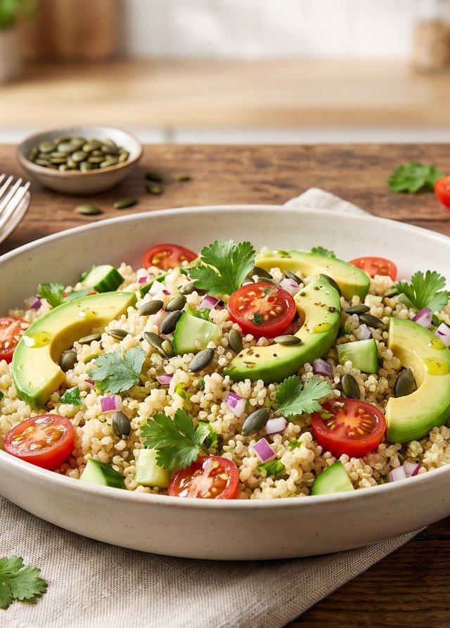 Salade de quinoa et avocat, vinaigrette au citron vert
