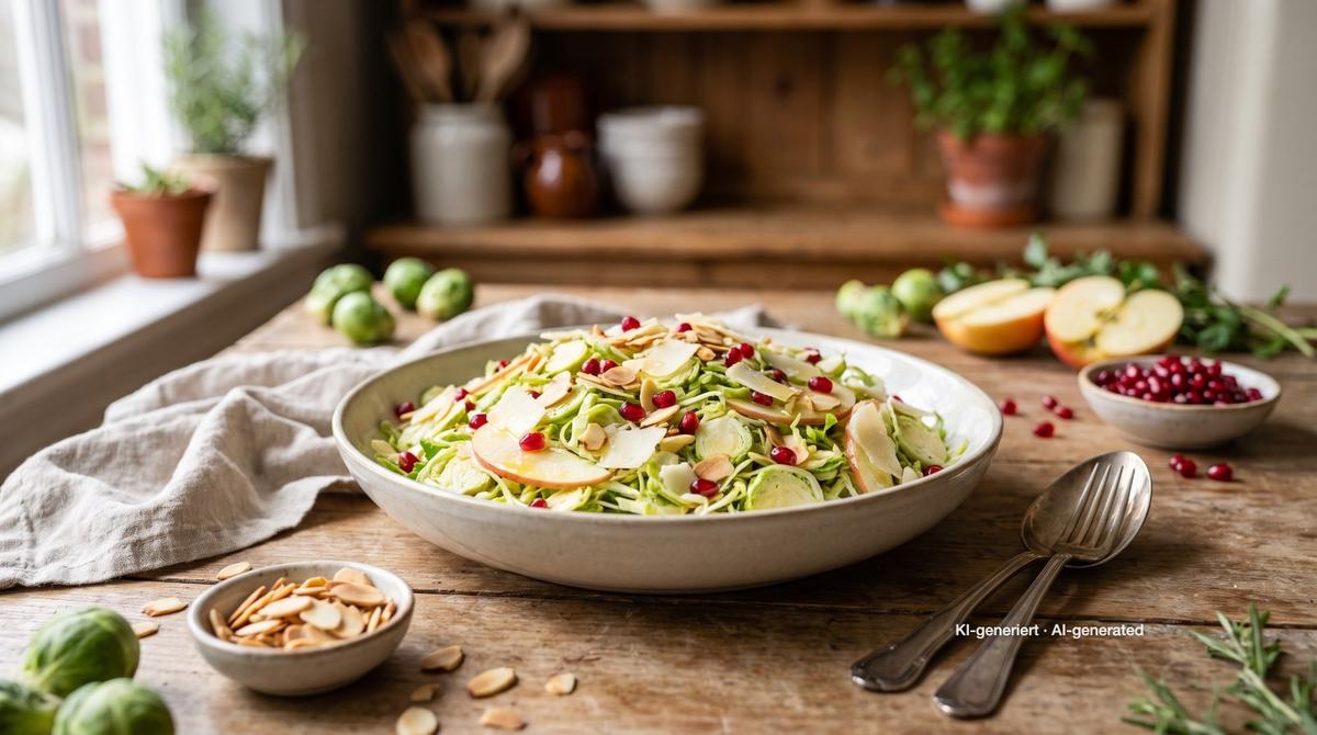 Rauwe spruitjessalade met granaatappel – Recept en afbeelding gemaakt met AI, redactioneel gecontroleerd