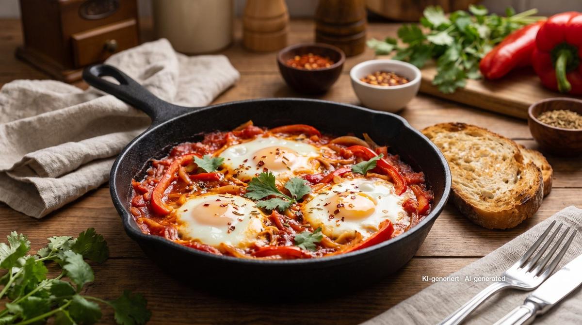 Shakshuka met paprika en tomaat – Recept en afbeelding gemaakt met AI, redactioneel gecontroleerd