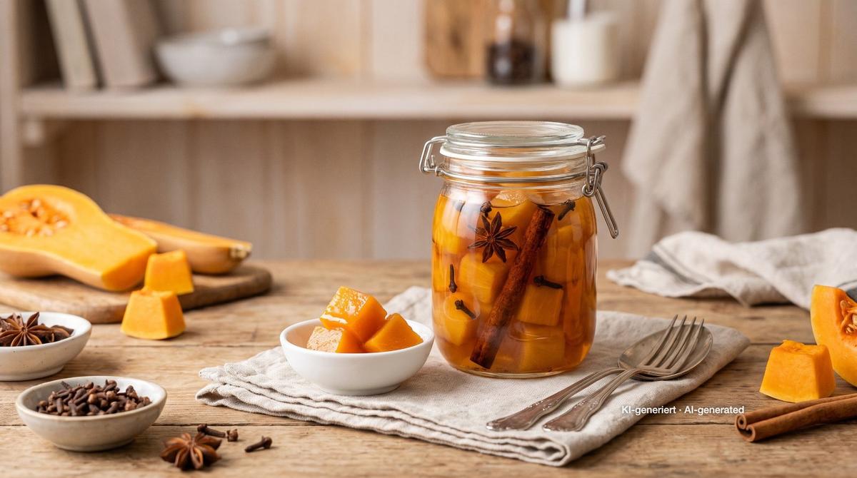 Süß-sauer eingelegter Kürbis – Rezept und Bild mit KI erstellt, redaktionell geprüft