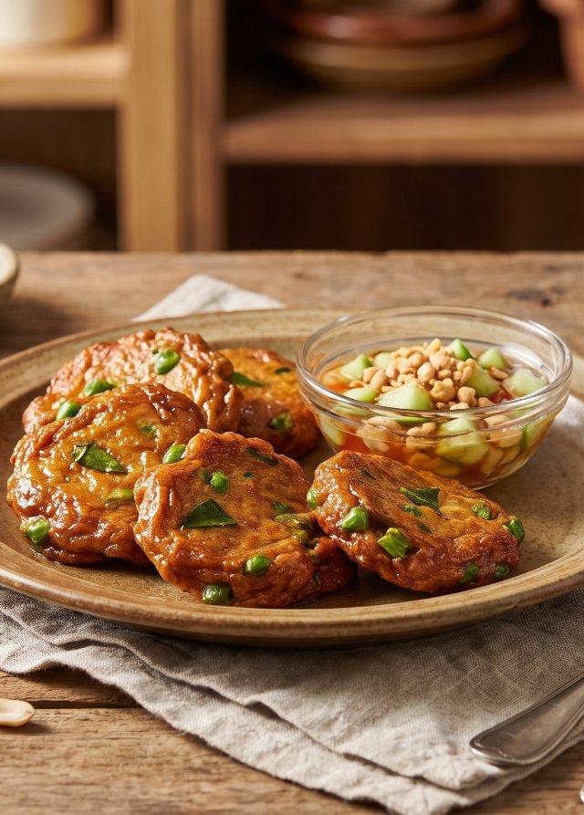 Pastelitos de pescado tailandeses con salsa de pepino y cacahuete