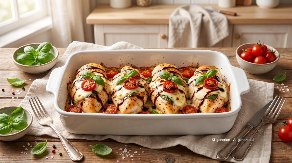 Gegratineerde kip met tomaat en mozzarella – Recept en afbeelding gemaakt met AI, redactioneel gecontroleerd