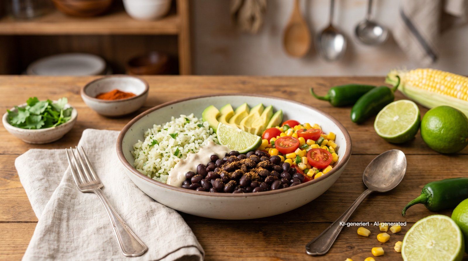 Vegane Burrito-Bowl mit schwarzen Bohnen