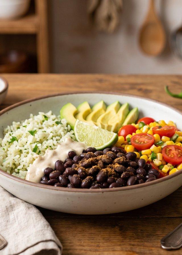 Burrito bowl végétalien aux haricots noirs