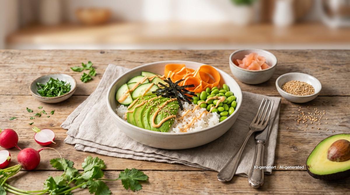 Vegetarische Sushi-Bowl – Rezept und Bild mit KI erstellt, redaktionell geprüft