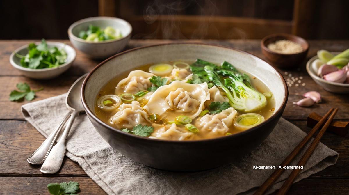 Wan-Tan-Suppe – Rezept und Bild mit KI erstellt, redaktionell geprüft