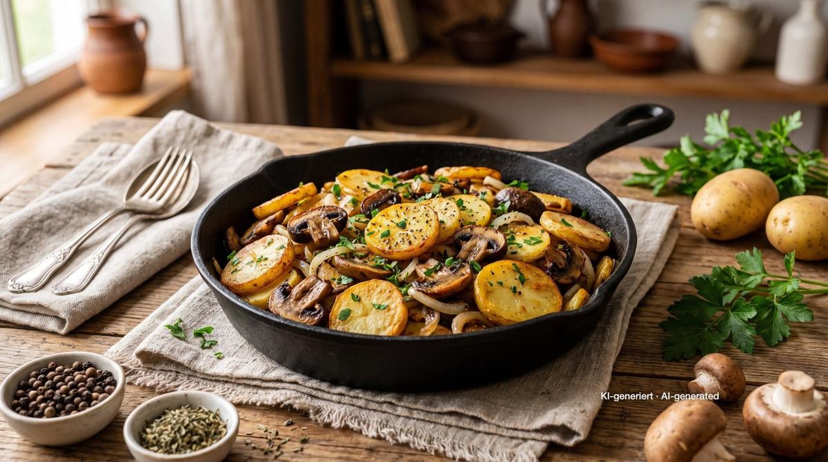 Gebakken aardappeltjes met champignons – Recept en afbeelding gemaakt met AI, redactioneel gecontroleerd