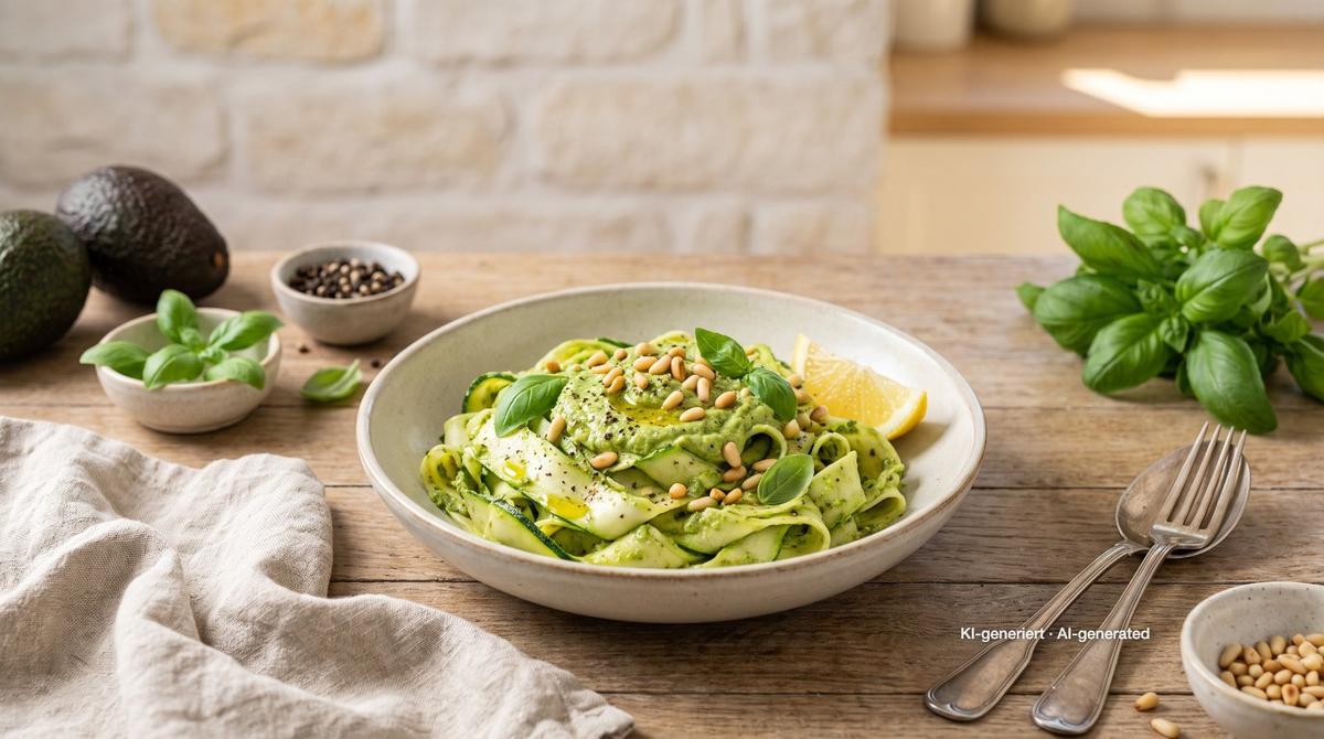 Mi Zukini dengan Pesto Alpukat yang Creamy – Resep dan gambar dibuat dengan AI, telah diperiksa oleh tim redaksi
