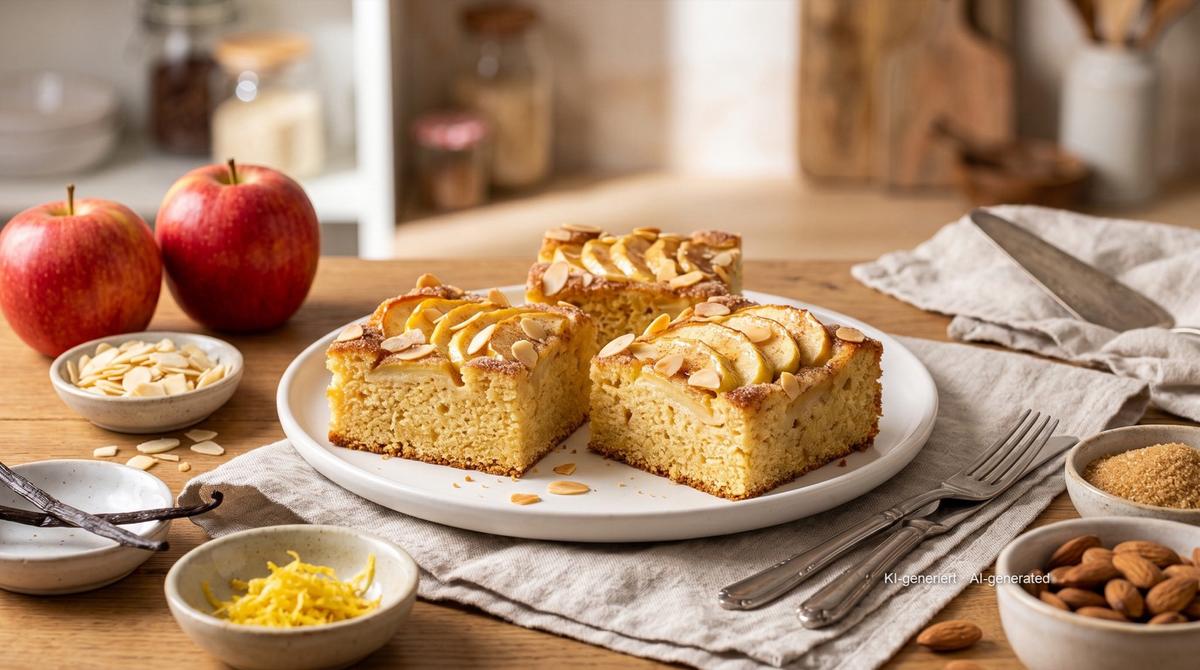 Gâteau aux pommes en petit moule à l'airfryer – Rezept und Bild mit KI erstellt, redaktionell geprüft