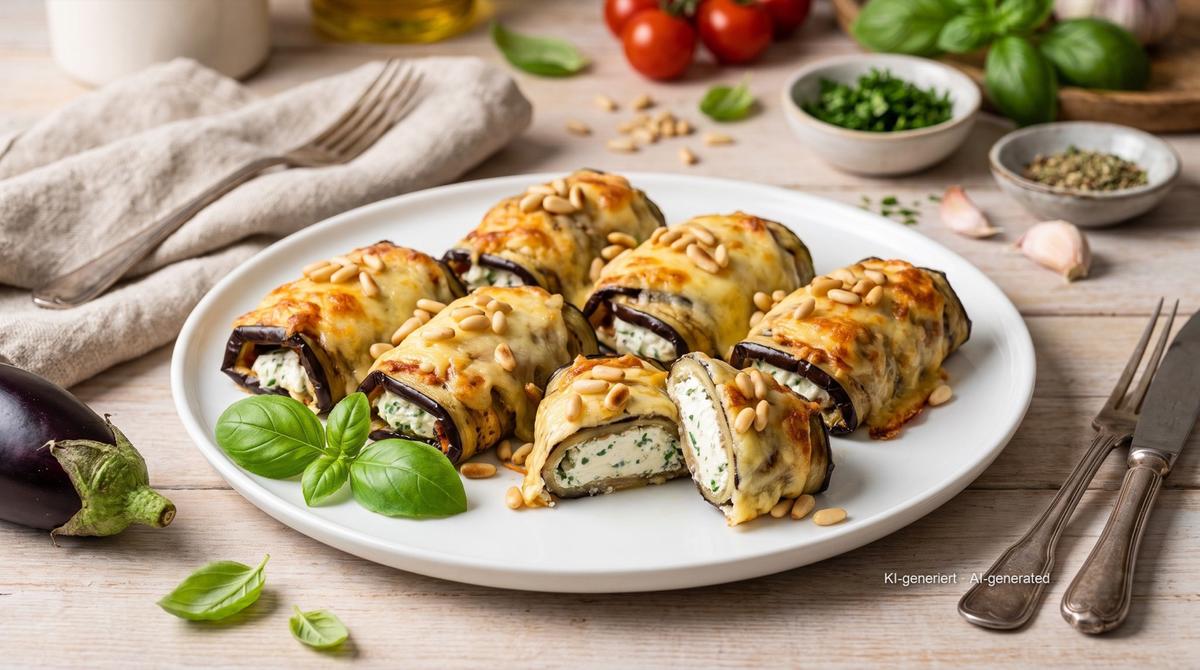 Roulés d'aubergine au fromage frais à l'airfryer – Rezept und Bild mit KI erstellt, redaktionell geprüft