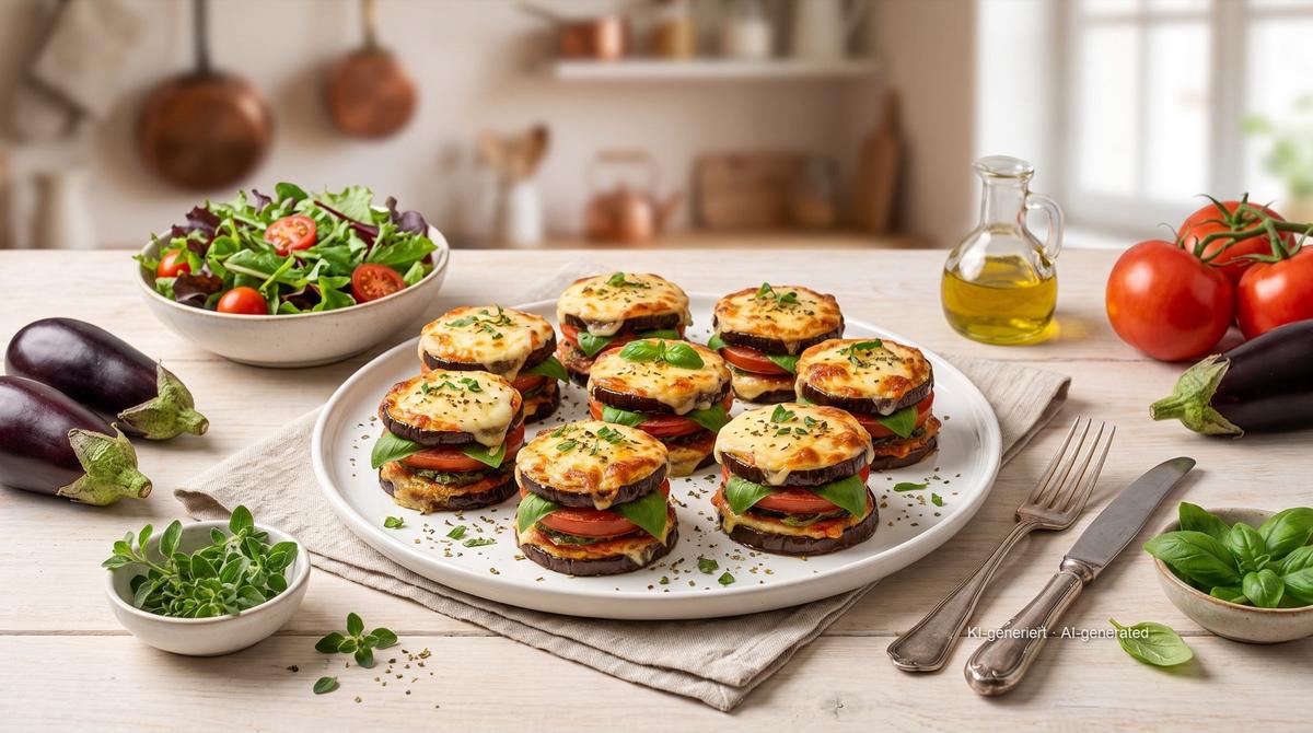 Petites tours d'aubergine, tomate et fromage à l'airfryer – Rezept und Bild mit KI erstellt, redaktionell geprüft