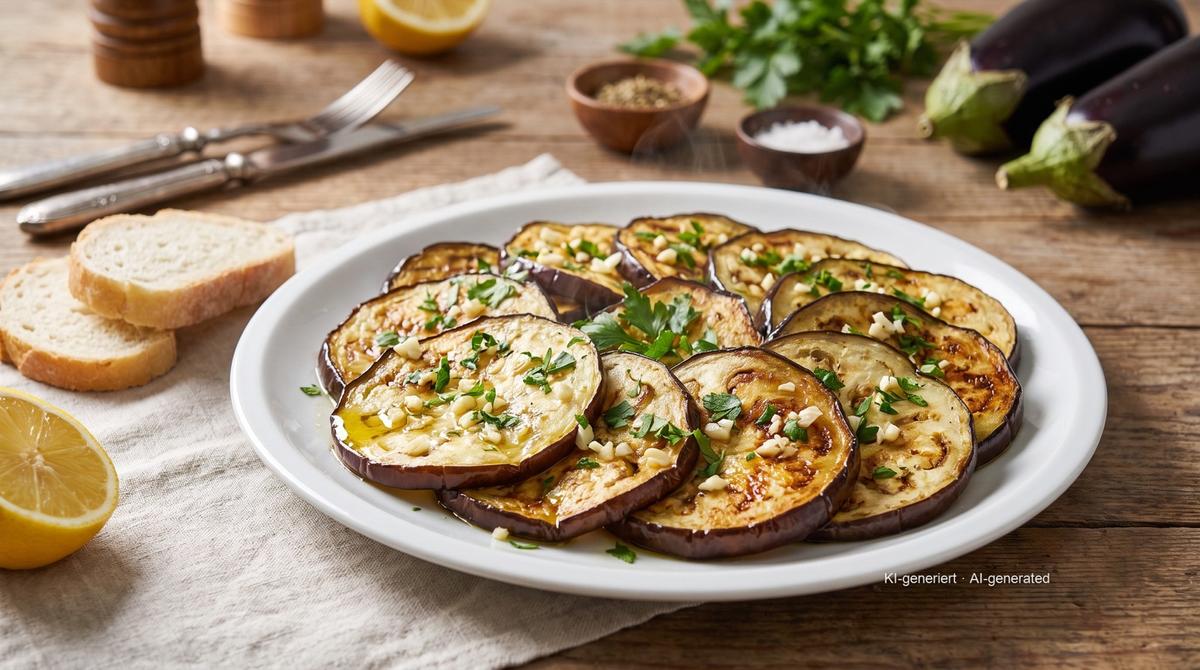 Tranches d'aubergine à l'airfryer – Rezept und Bild mit KI erstellt, redaktionell geprüft