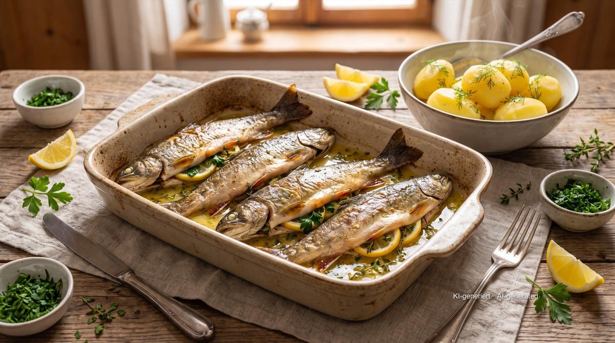 Omble de fontaine farci aux herbes – Rezept und Bild mit KI erstellt, redaktionell geprüft