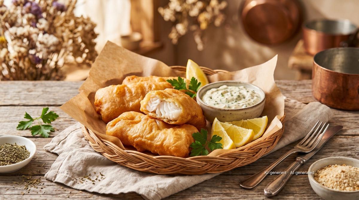 Backfisch in Bierteig (poisson frit en pâte à la bière) – Rezept und Bild mit KI erstellt, redaktionell geprüft