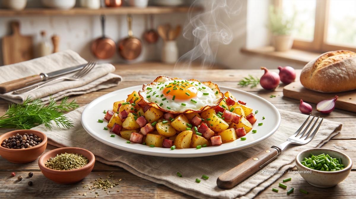 Bauernfrühstück à l'Airfryer (pommes de terre au lard et aux œufs) – Rezept und Bild mit KI erstellt, redaktionell geprüft