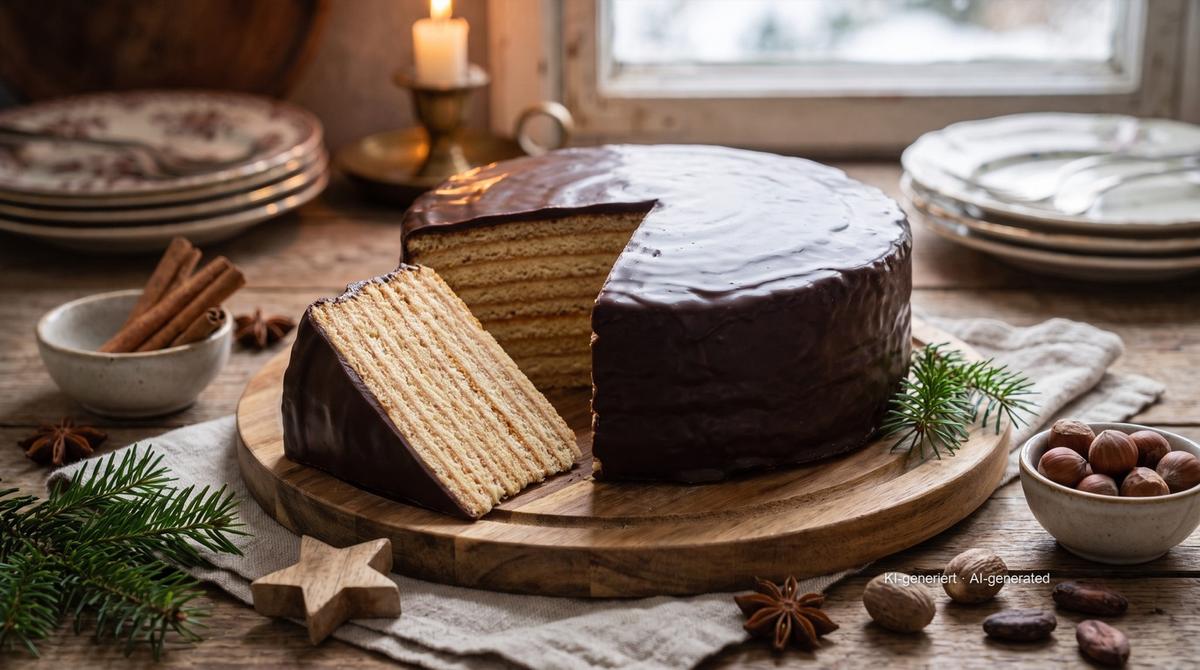 Baumkuchen au four (gâteau à couches allemand) – Rezept und Bild mit KI erstellt, redaktionell geprüft