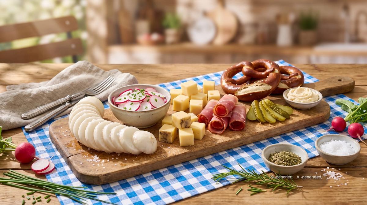 Brotzeitplatte bavaroise au Radi (planche apéritive au radis blanc) – Rezept und Bild mit KI erstellt, redaktionell geprüft