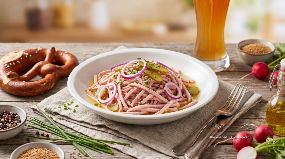 Wurstsalat bavarois (salade de saucisse) – Rezept und Bild mit KI erstellt, redaktionell geprüft