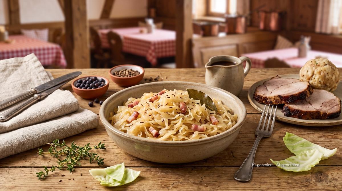 Bayrisch Kraut (chou blanc braisé à la bavaroise) – Rezept und Bild mit KI erstellt, redaktionell geprüft