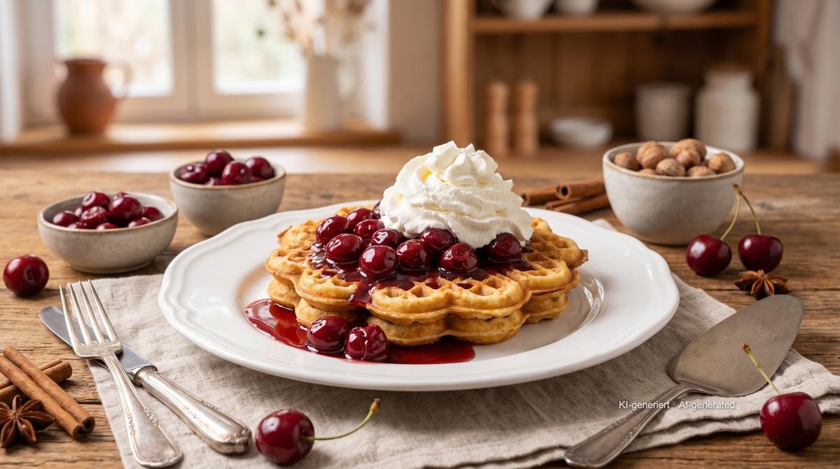 Gaufres du Bergisches Land aux cerises chaudes – Rezept und Bild mit KI erstellt, redaktionell geprüft
