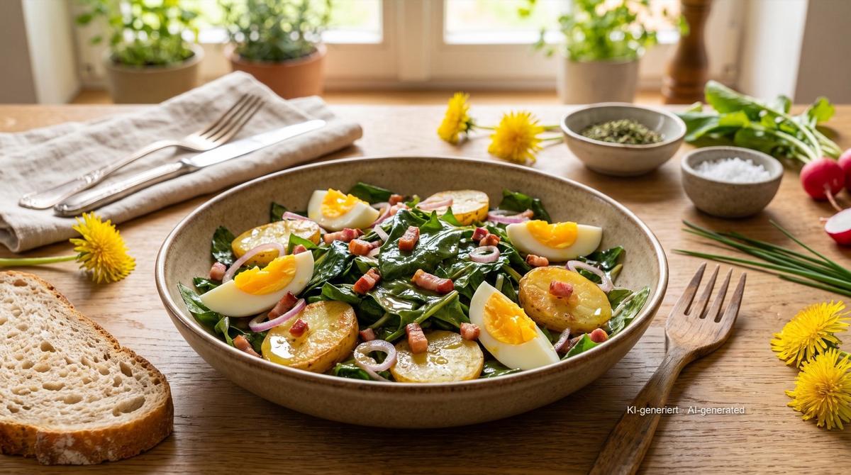 Bettseicher – salade de pissenlit au lard – Rezept und Bild mit KI erstellt, redaktionell geprüft
