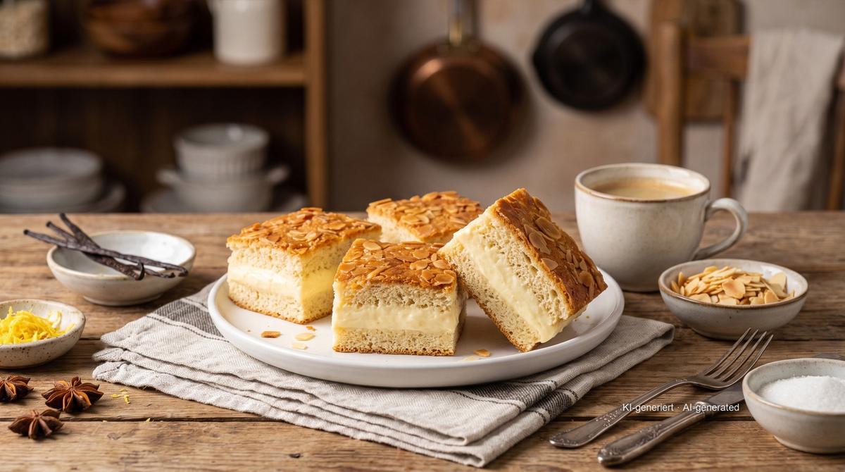Bienenstich en petit format à l'Airfryer (gâteau aux amandes et à la crème vanille) – Rezept und Bild mit KI erstellt, redaktionell geprüft