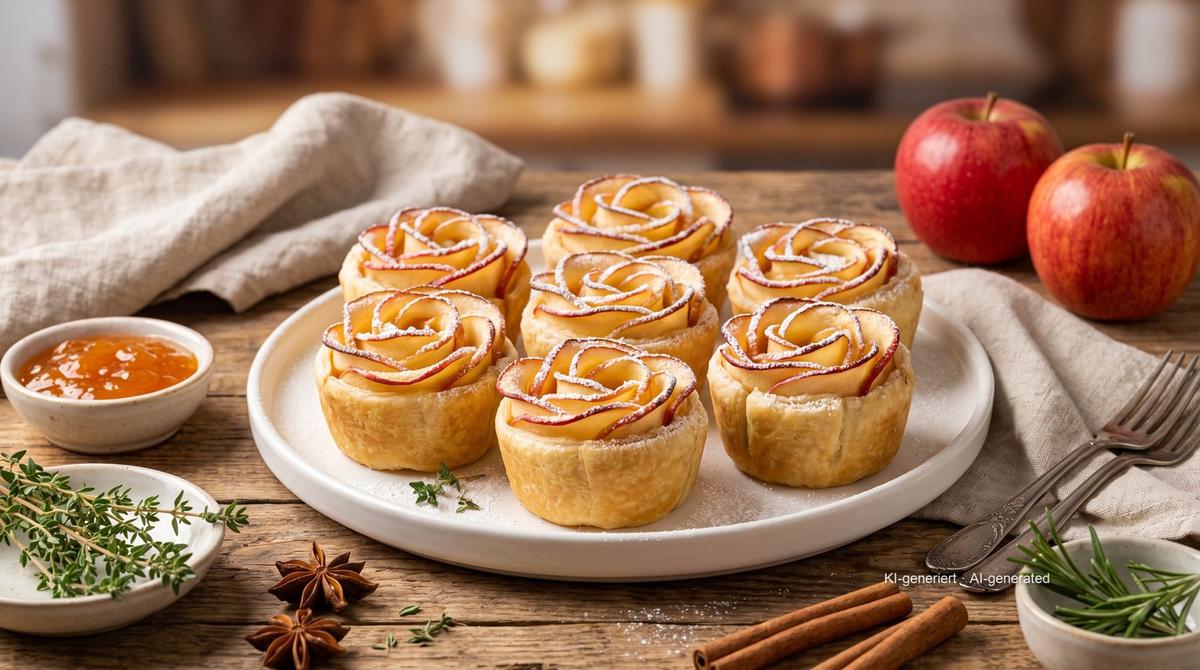 Roses de pommes en pâte feuilletée à l'Airfryer – Rezept und Bild mit KI erstellt, redaktionell geprüft