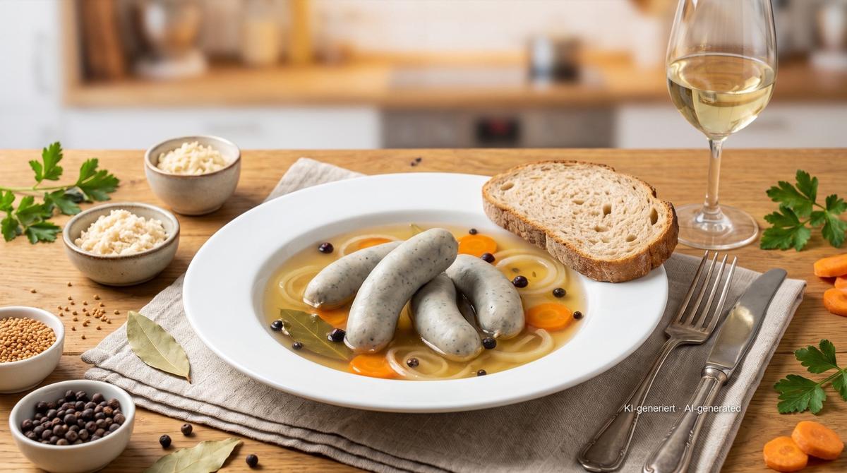 Blaue Zipfel (saucisses de Franconie pochées au vin blanc) – Recipe and image AI-created, editorially reviewed