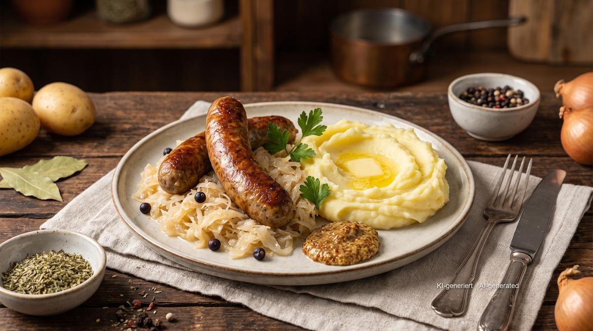 Bratwurst à la choucroute et purée de pommes de terre – Rezept und Bild mit KI erstellt, redaktionell geprüft