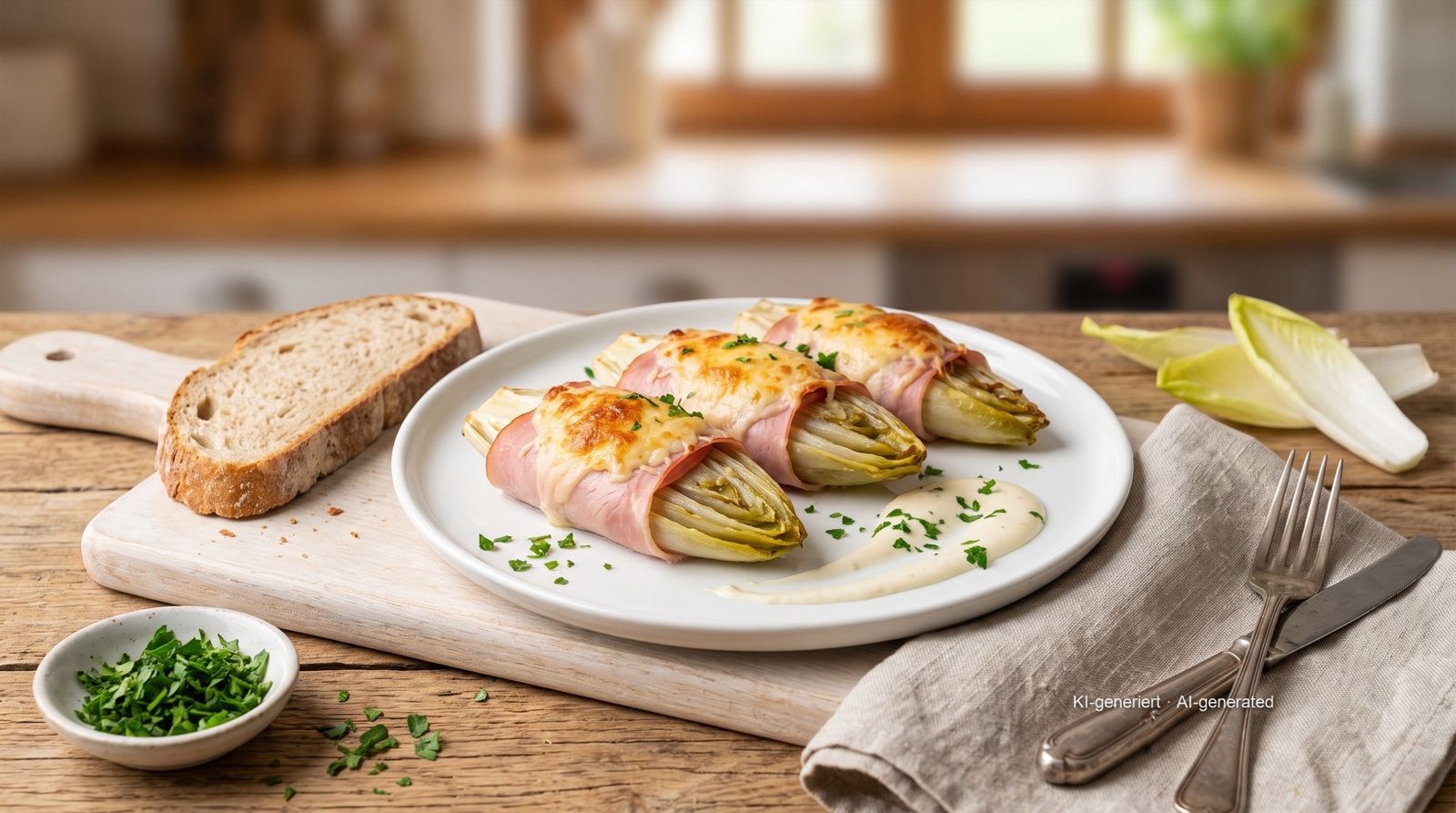 Endives au jambon gratinées à l'Airfryer – Rezept und Bild mit KI erstellt, redaktionell geprüft