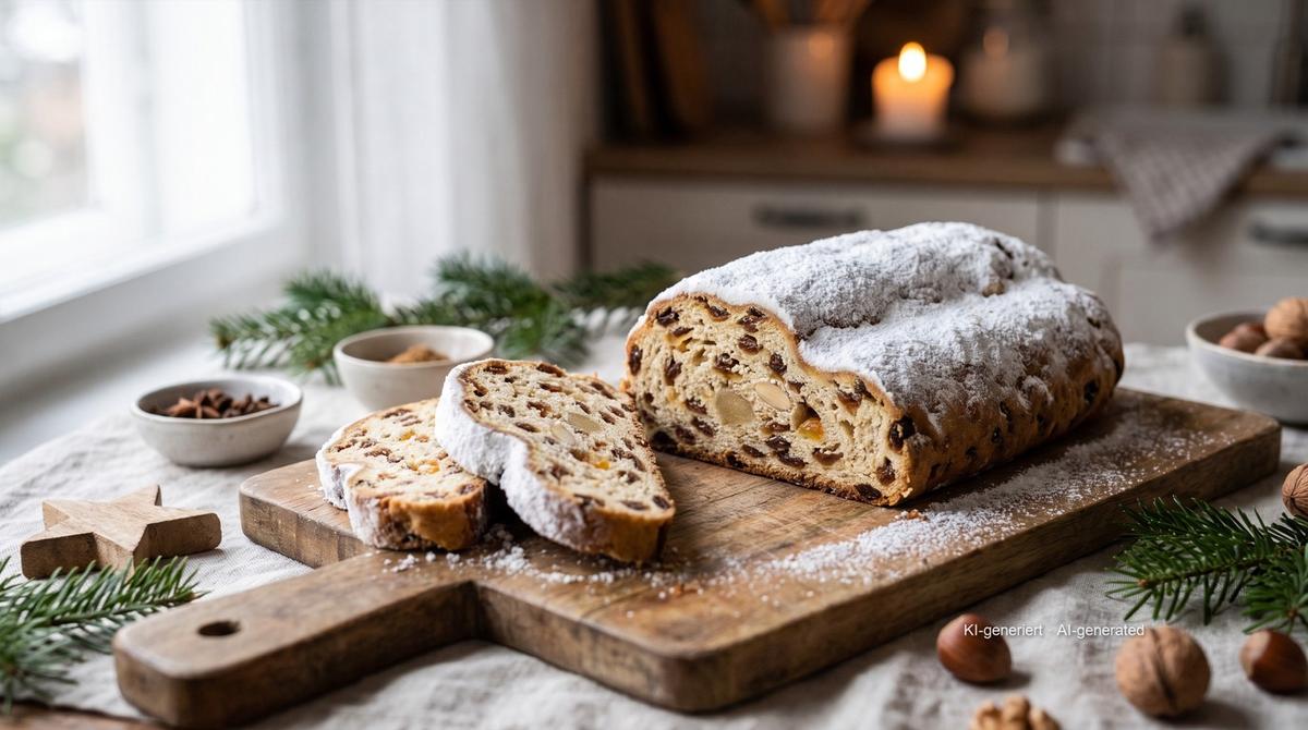 Christstollen à la mode de Dresde (brioche de Noël aux fruits secs) – Rezept und Bild mit KI erstellt, redaktionell geprüft