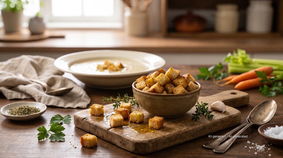 Croûtons de pain rassis à l'Airfryer – Rezept und Bild mit KI erstellt, redaktionell geprüft