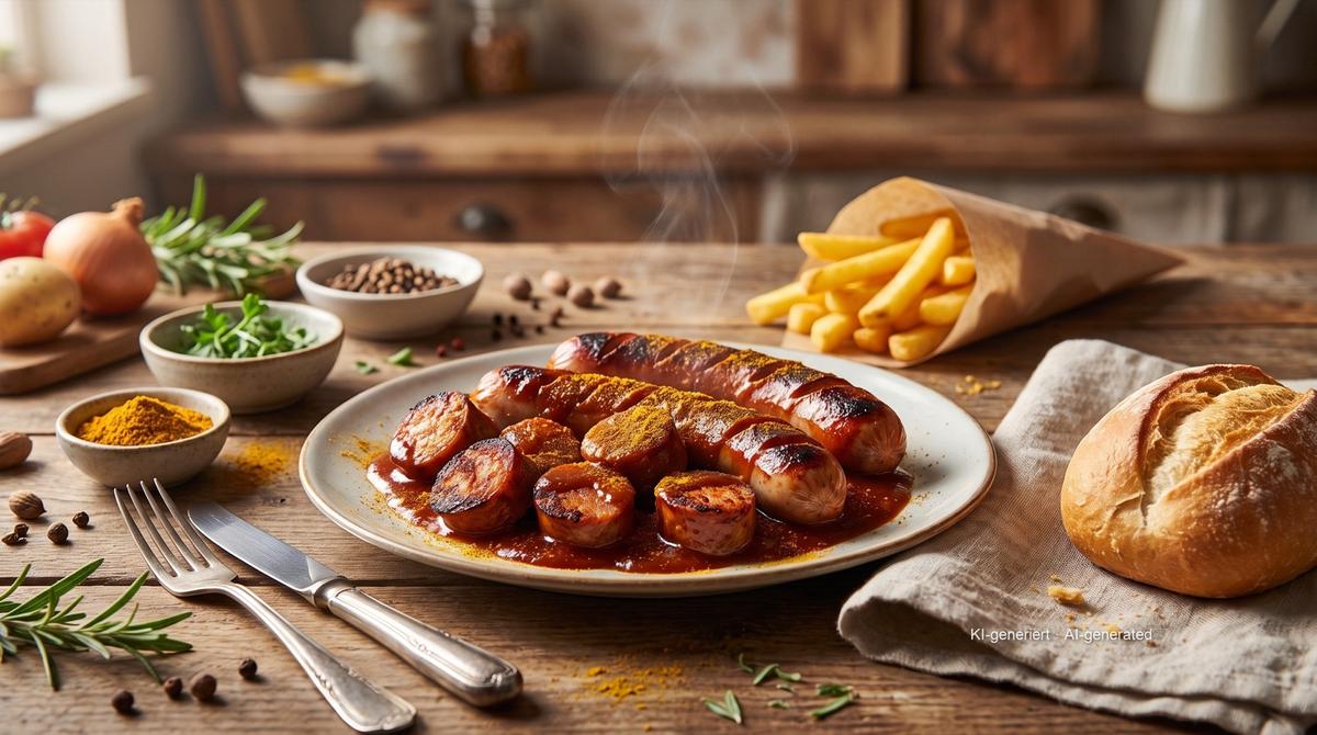 Currywurst à l'Airfryer – Rezept und Bild mit KI erstellt, redaktionell geprüft