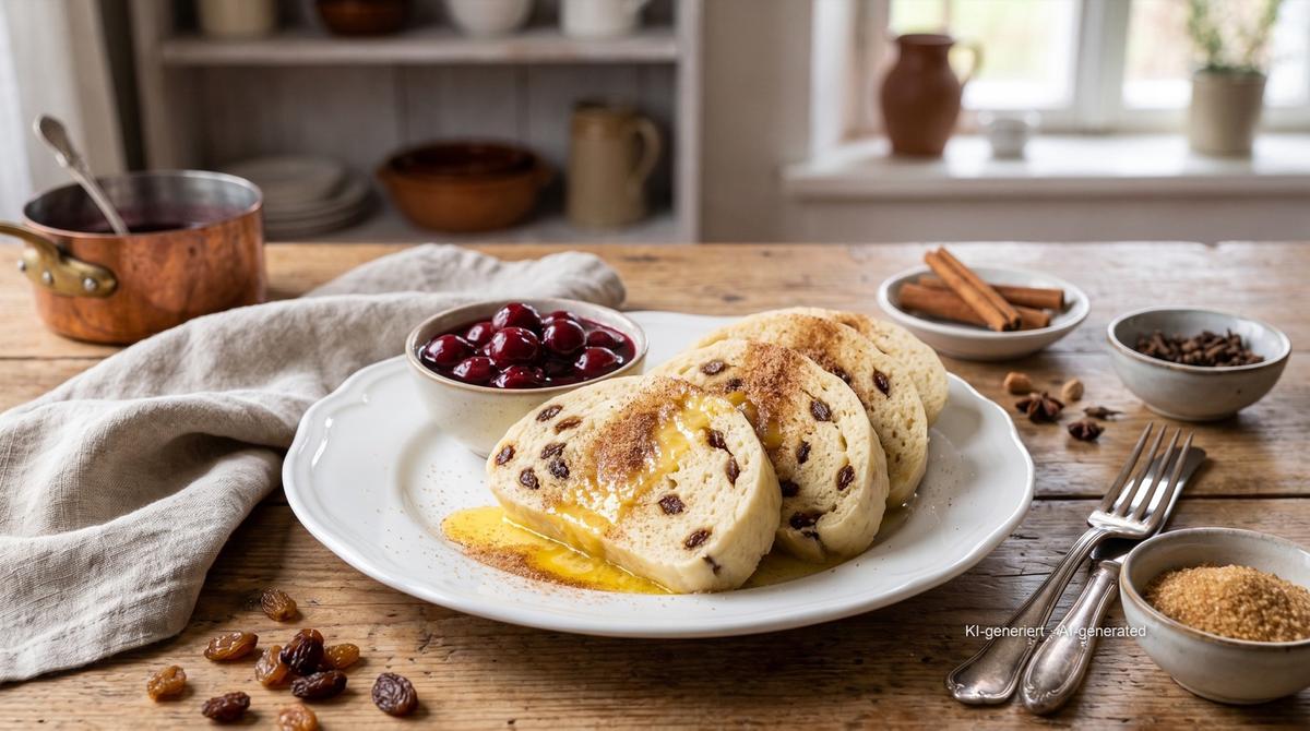 Dithmarscher Mehlbeutel (gros pudding de pâte levée cuit à la vapeur) – Rezept und Bild mit KI erstellt, redaktionell geprüft