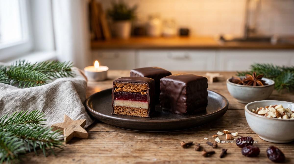 Dominosteine (petits cubes de Noël au pain d'épices et au massepain) – Rezept und Bild mit KI erstellt, redaktionell geprüft