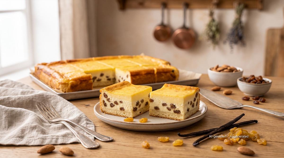 Dresdner Eierschecke (gâteau de Dresde au fromage blanc à trois couches) – Rezept und Bild mit KI erstellt, redaktionell geprüft