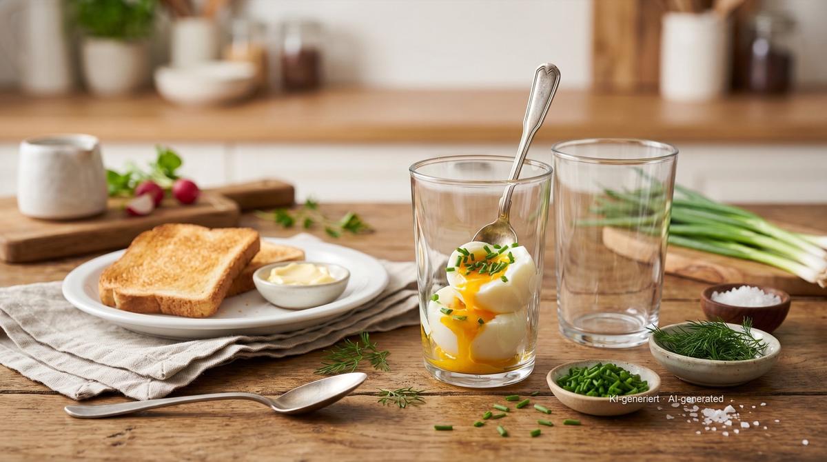 Eier im Glas (œufs mollets servis au verre) – Rezept und Bild mit KI erstellt, redaktionell geprüft