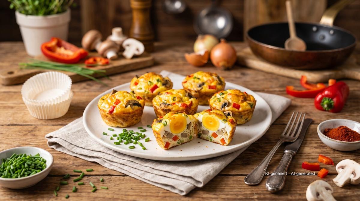 Muffins aux œufs et aux légumes à l'Airfryer – Rezept und Bild mit KI erstellt, redaktionell geprüft