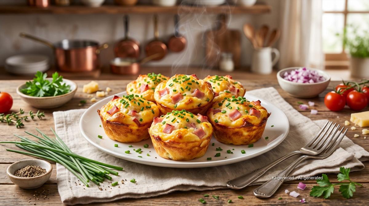 Muffins aux œufs et au jambon à l'Airfryer – Rezept und Bild mit KI erstellt, redaktionell geprüft