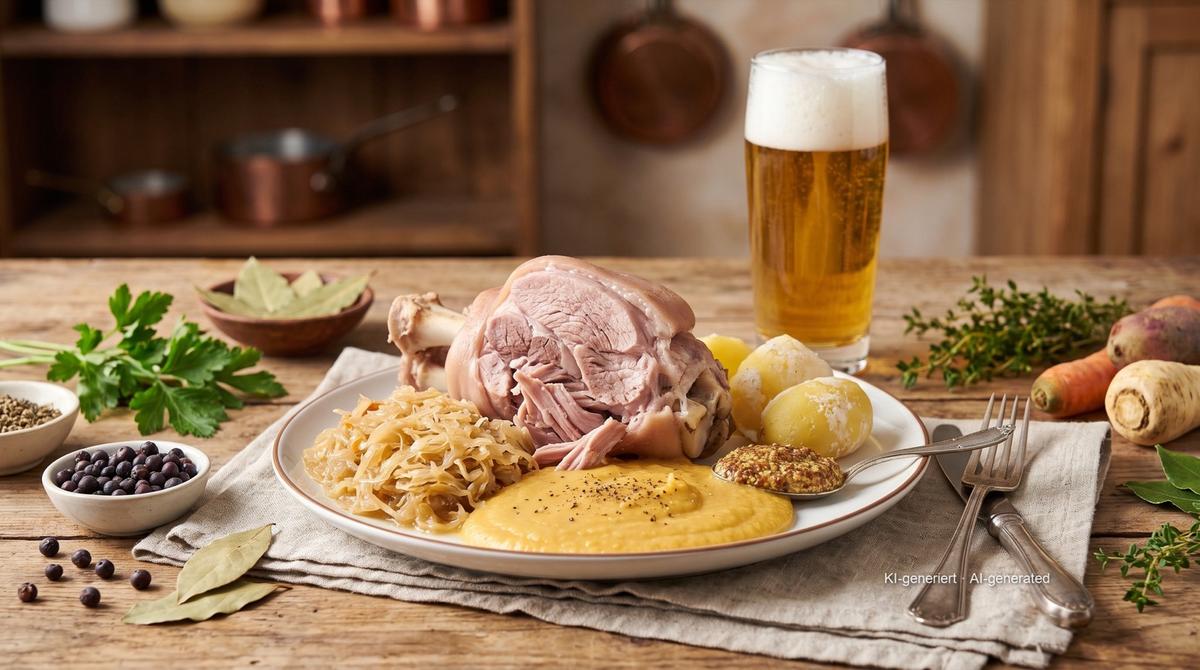 Eisbein (jarret de porc saumuré) avec choucroute et purée de pois jaunes – Rezept und Bild mit KI erstellt, redaktionell geprüft