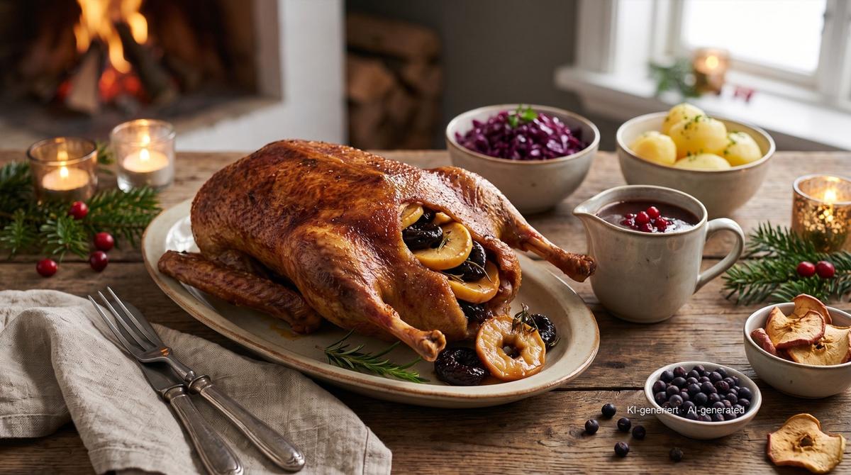 Canard farci aux fruits secs à la mode du Holstein – Rezept und Bild mit KI erstellt, redaktionell geprüft