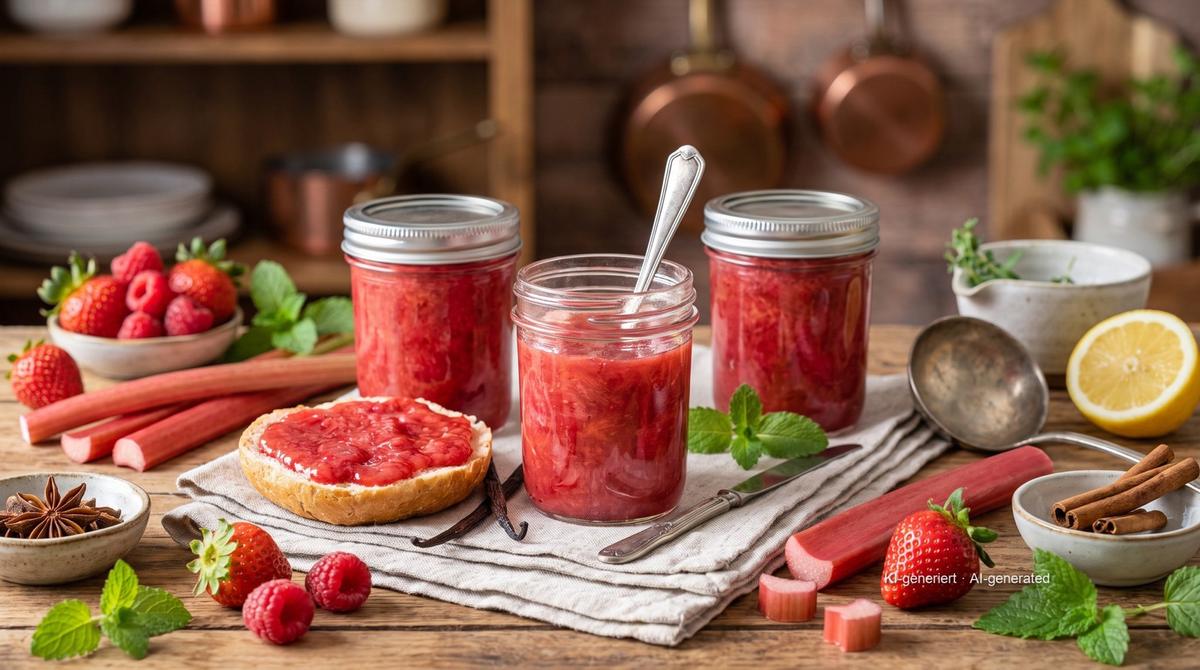 Confiture fraises-rhubarbe – Rezept und Bild mit KI erstellt, redaktionell geprüft