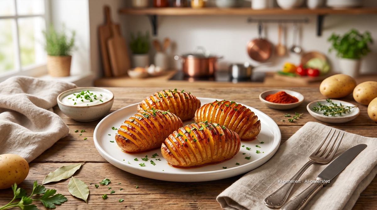 Vějířové brambory z horkovzdušné fritézy – Recept a obrázek vytvořeny pomocí AI, redakčně zkontrolovány
