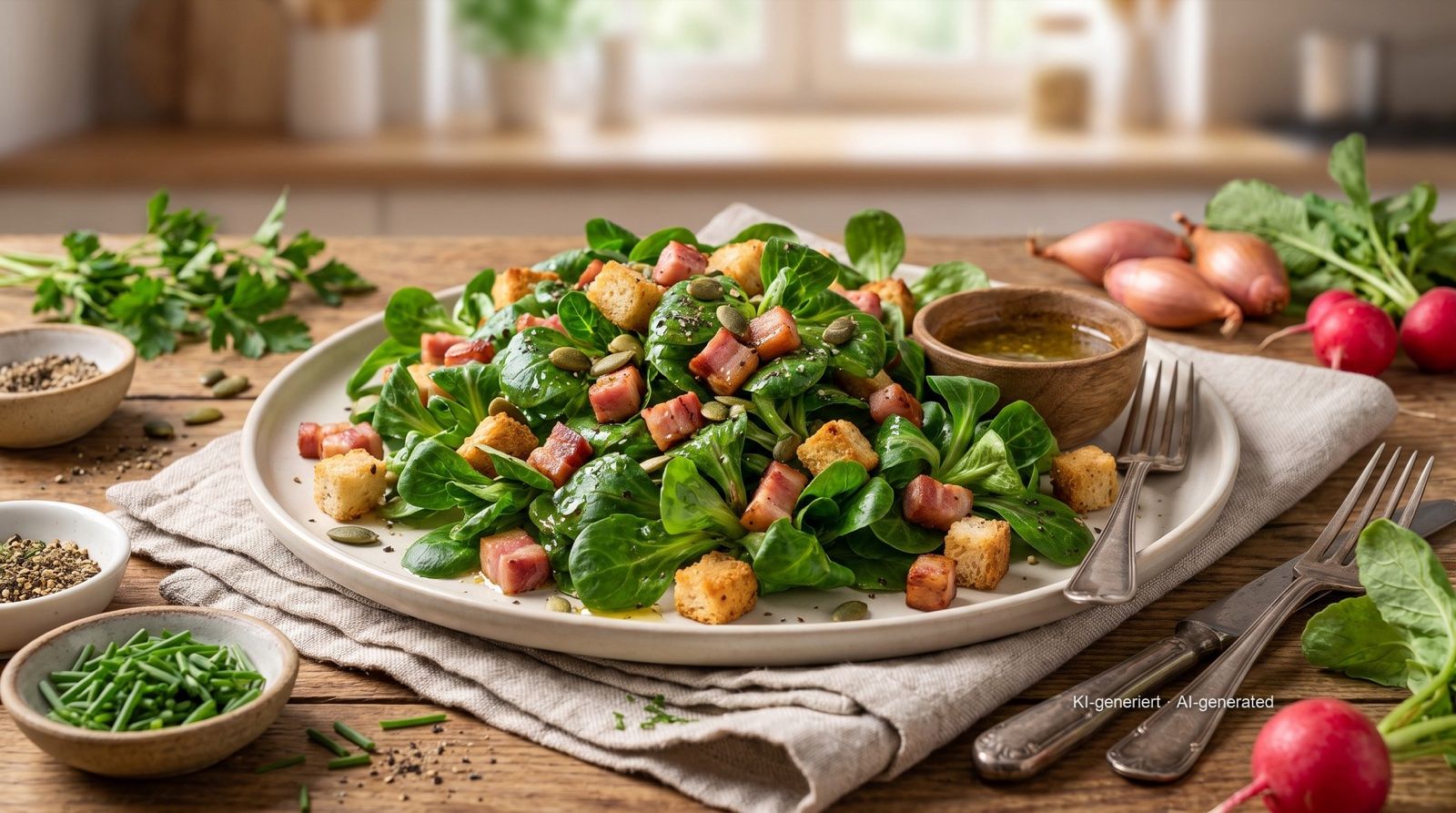 Veldsla met spek en croutons